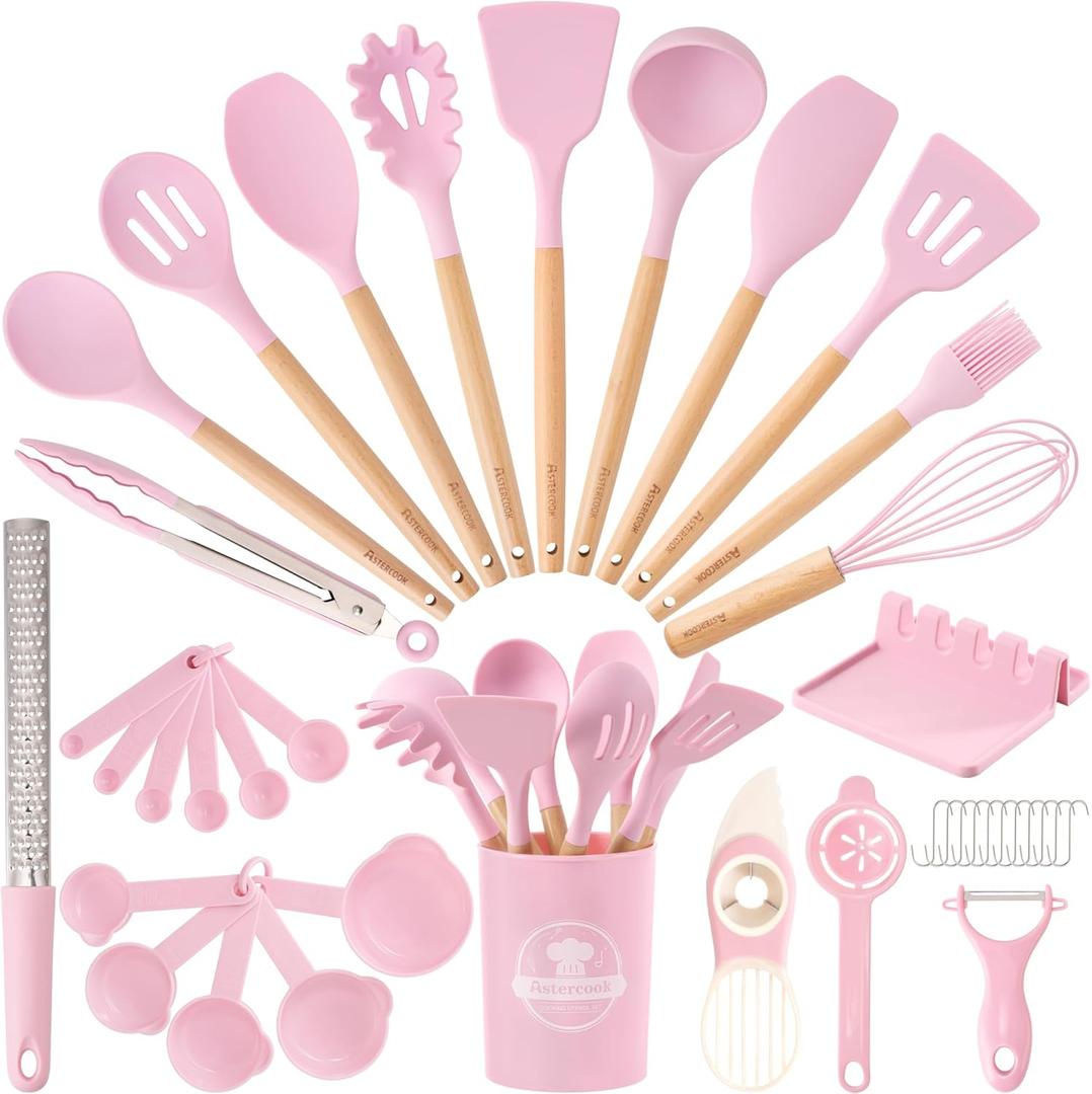 Astercook Kitchen Utensils set, 39 PCS Silicone Cooking Utensils Set with Wooden Handle, 446F Heat Resistant Food Grade Utensil Sets, BPA Free Kitchen Gadgets Tools Set for Mothers Day Gifts (Pink)