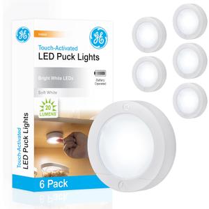 GE Wireless LED Puck Lights, Battery Operated, 20 Lumens, Touch Light, Tap Light, Stick On Lights, Under Cabinet Lighting, Ideal for Kitchen Cabinets, Closets, Garage, 6 Pack, 45994 (White)