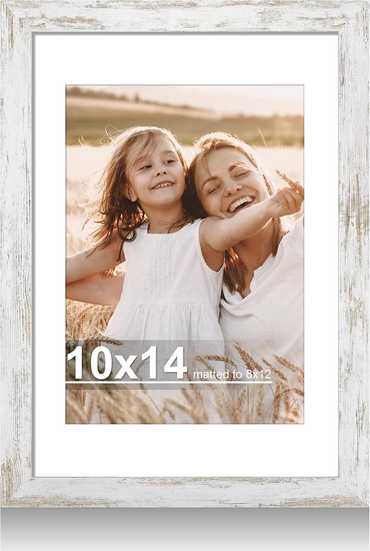 Hongkee 10x14 Picture Frame with Real Glass - 8x12 Wooden Frame with Mat, Horizontal and Vertical Display for Wall or Tabletop (Distressed White, 1 Pack)