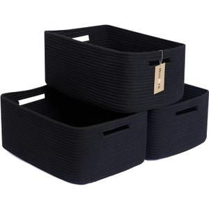 MiniArk Large Storage Baskets for Shelves, Closet Organizers Bins for Clothes Blanket Towels, Baby Nursery, Toy Baskets Box, Woven Rope Baskets, 17 x 13 x 7.5, 3 Packs, Black
