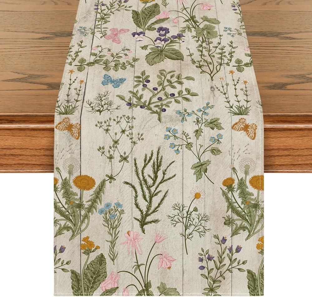 Artoid Mode Wood Wild Flowers Floral Spring Table Runner, Seasonal Summer Kitchen Dining Table Decoration for Home Party Decor 13x36 Inch