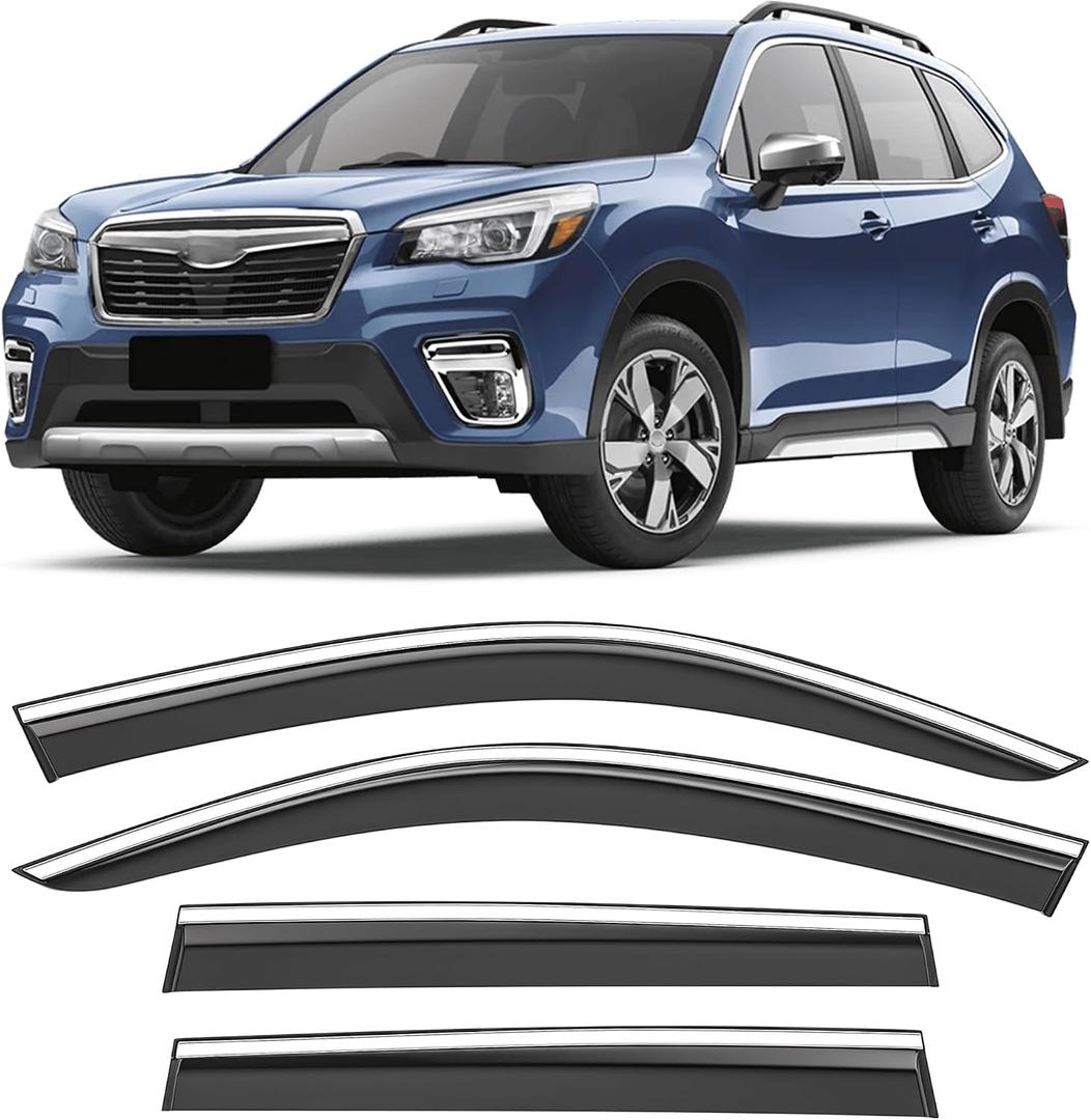 Shatterproof Taped-On Window Deflectors for Subaru Forester 2019-2024 with Chrome Trim, Rain Guards, Window Visors for Cars, Vent Deflector, 4pcs