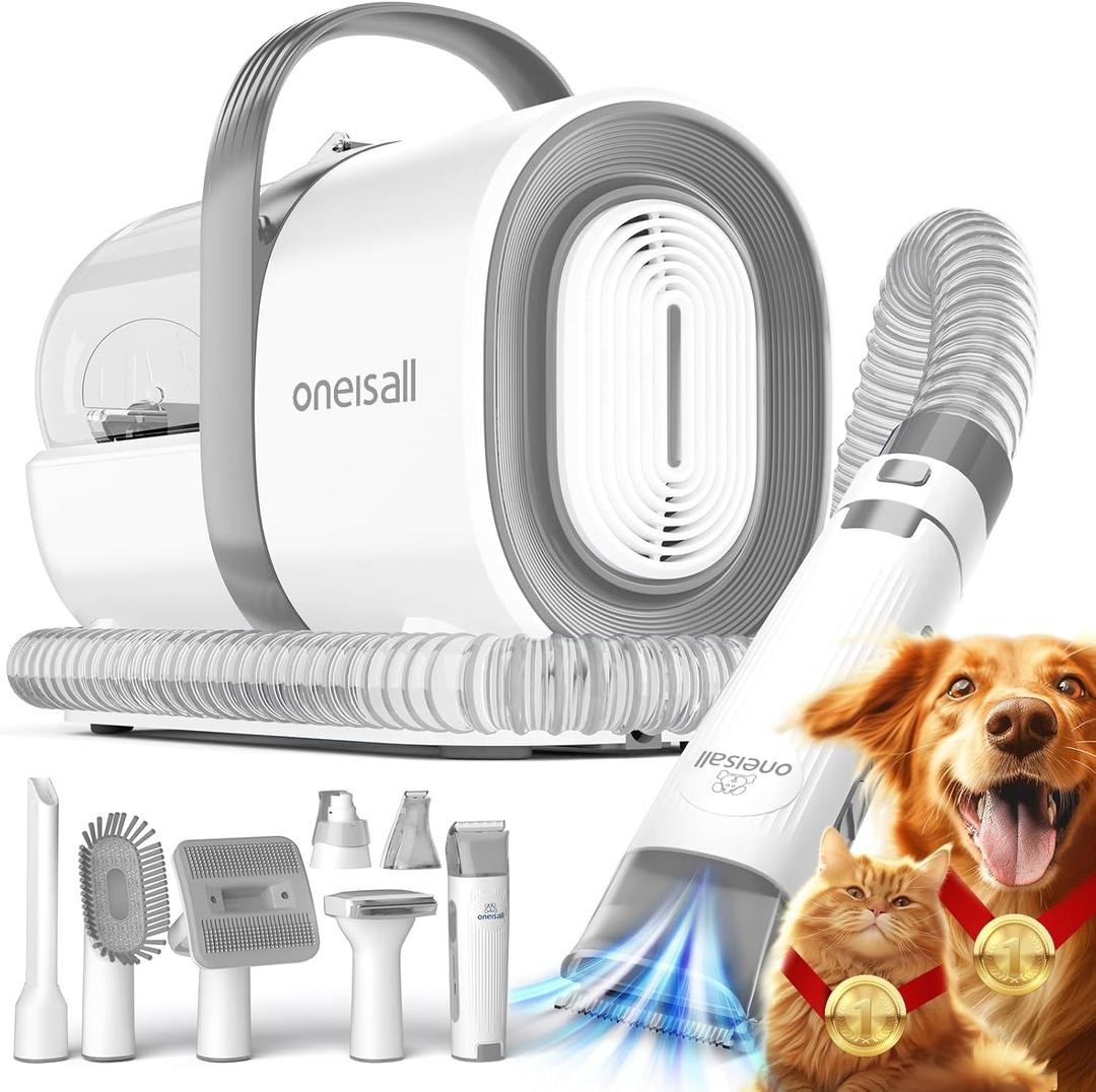 oneisall Dog Grooming Vacuum, Pet Grooming Vacuum with Clipper Nail Grinder, 1.5L Dust Cup Dog deshedding Vacuum Brush with 7 Pet Grooming Tools for Shedding Pet Hair, Home Cleaning (Gray)