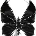 JUMISEE Women Sparkly Rhinestone Butterfly Crop Top Sexy Satin V Neck Bakless Lace Up Cami Tank Top for Rave Festival (Black)