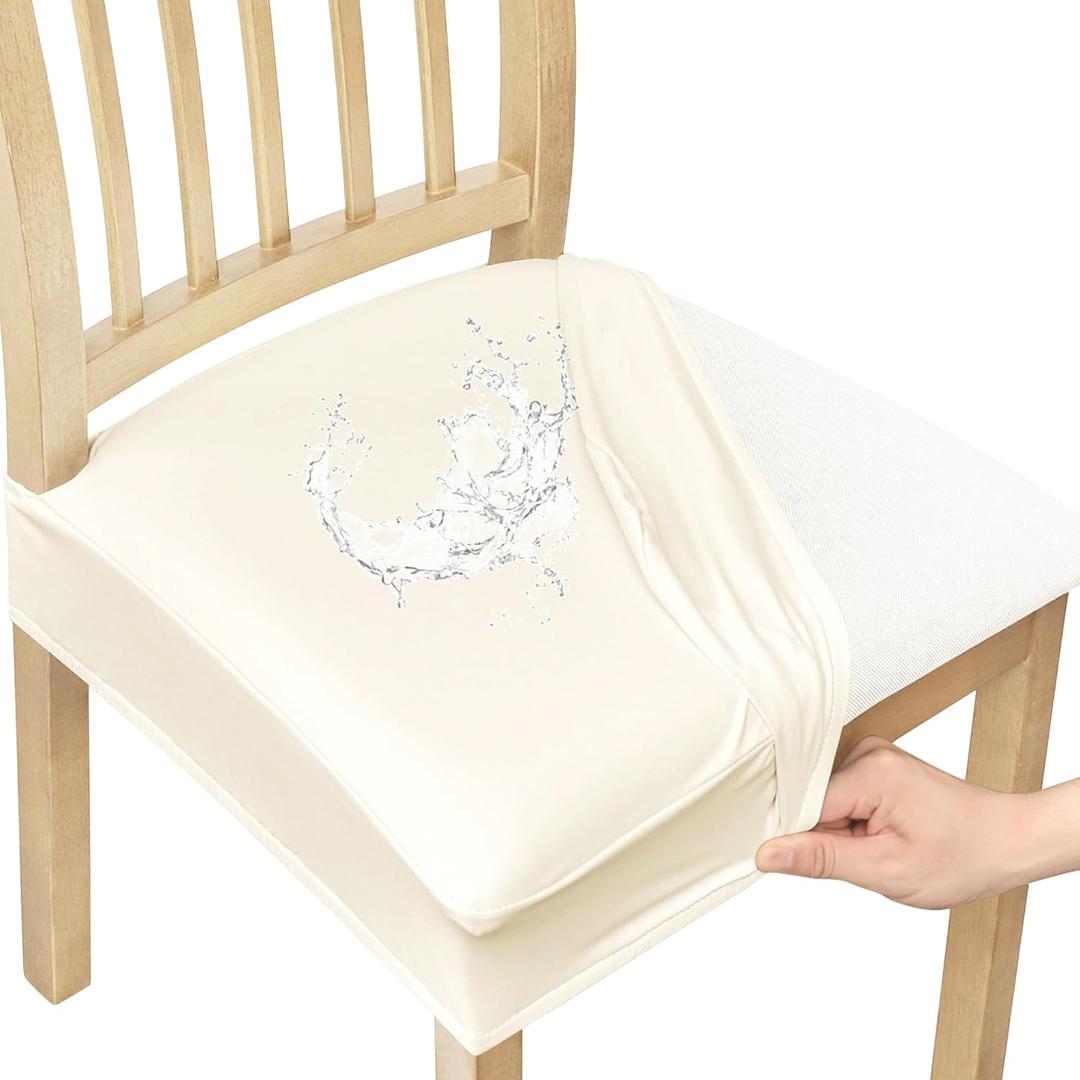 Smiry Waterproof Pu Leather Seat Covers for Dining Room Chairs Set of 4, Stretch Fit Removable Washable Kitchen Chair Seat Slipcovers Protector, No Rear Covers, Beige