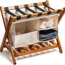 Fully Assembled Walnut Bamboo Folding Luggage Rack for Guest Room, 26.75" Folding Suitcase Stand with Removable Laundry Bag & Storage Shelf, Heavy Duty Foldable Luggage Stand for Bedrooms, Hotels, Airbnbs Holds 215lb