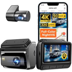 DDPAI Dash Cam Front and Rear, 4K + 1080P Dash Camera for Cars, Real 4K Dashcam with 32G eMMC, Full Color Night Vision, 5GHz WiFi 6, 7 Days Parking Mode, GPS, 3" IPS, ADAS, WDR, Loop Recording, Z60