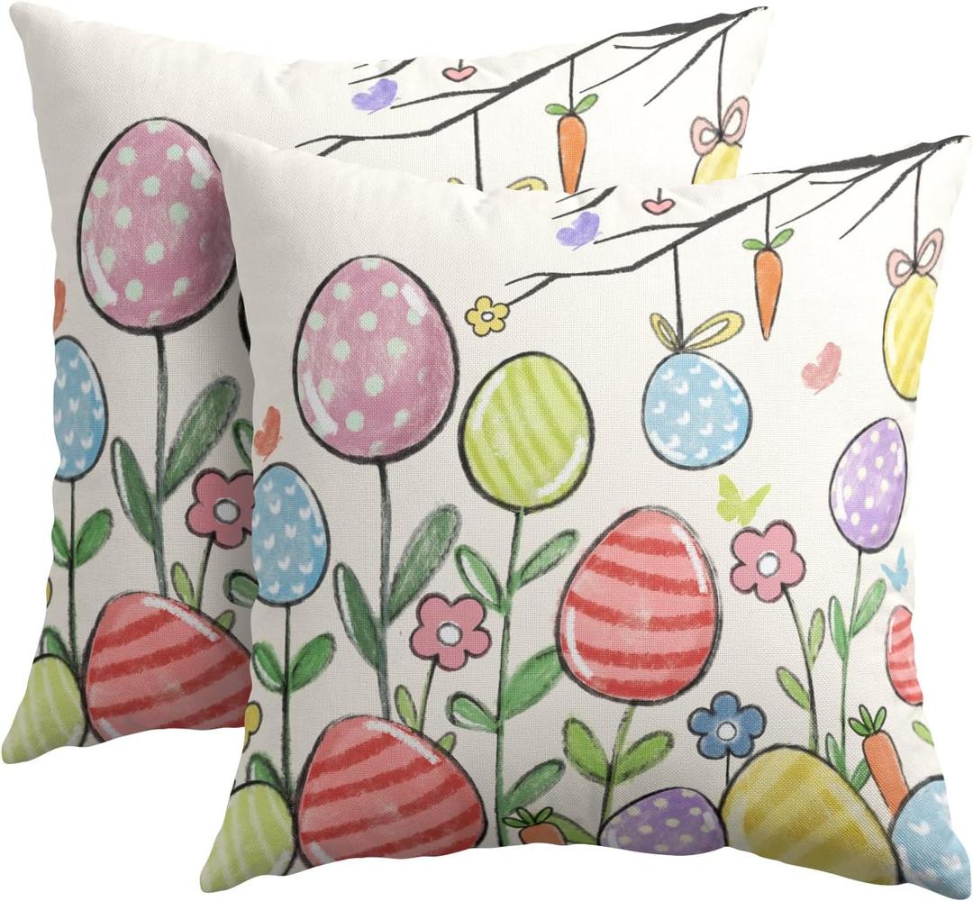 Kawani Happy Easter Pillow Covers 18x18 Inch Colorful Easter Egg Floral Print Outdoor Throw Pillow Covers Set of 2 Rustic Holiday Pillowcases Square Cushion Covers for Couch Home Decor