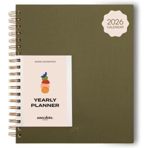 Anecdote Planner 2026 (8.5" x 10") Daily Planner Weekly Monthly Planner - 52 Weeks w/Library Buckram Cover, Brass Spiral - A4 Size Bleed-Resistant Paper  Olive Green
