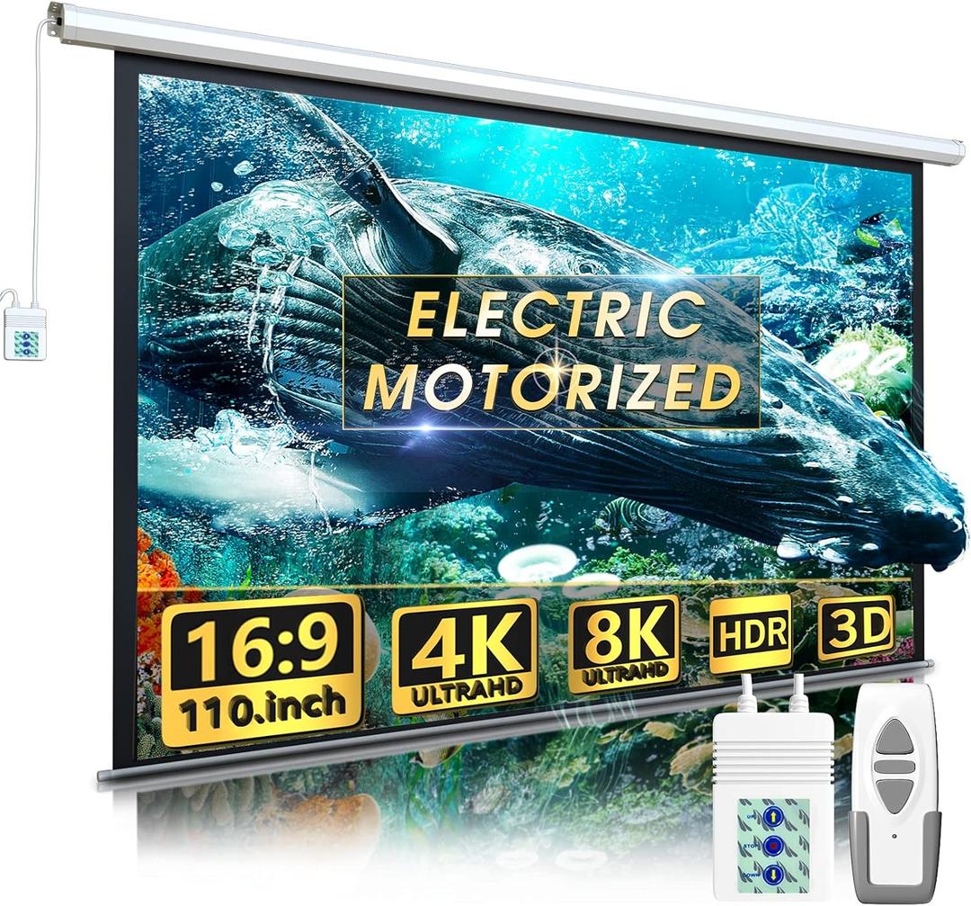 110" Motorized Projector Screen - Indoor and Outdoor Movies Screen 110 inch Electric 16:9 Projector Screen W/Remote Control