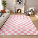 Terrug Pink and White Checkered Rug for Living Room, 6x9 Area Rugs Washable with Non Slip for Bedroom, Soft Low Pile Stain Resistance Retro Carpet for Dorm Kids Room