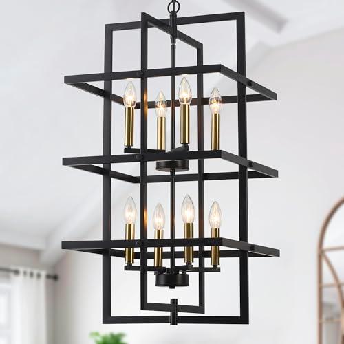 Pavloatu 33.46" Large Black Chandelier for High Ceilings Tiered Pendant Light Fixtures Rectangular Farmhouse Chandelier for Foyer Entryway Staircase Living Room Kitchen Island 8 Lights