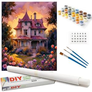 Romantic Cottage Paint by Numbers Kit for Adults - DIY Victorian House Painting on Rolled Canvas 16x20 Inches, Acrylic Paint Set, Suitable for Beginners, Art for Home Decoration or Gifts