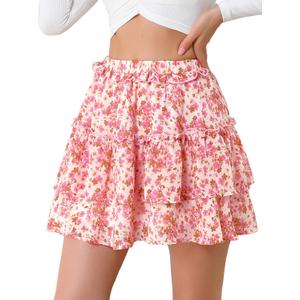 Allegra K Women's Layered Ruffle Hem Elastic Waist A-Line Skater Floral Mini Skirt, Size S