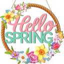Wooden Spring Decoration Door Wreath for Front Door Sign Wall Signs, Hollow Flower Wreath Sign Hello Spring Welcome Hanging for Home Wall Decor Party Outdoor indoor Supply Easter Decoration