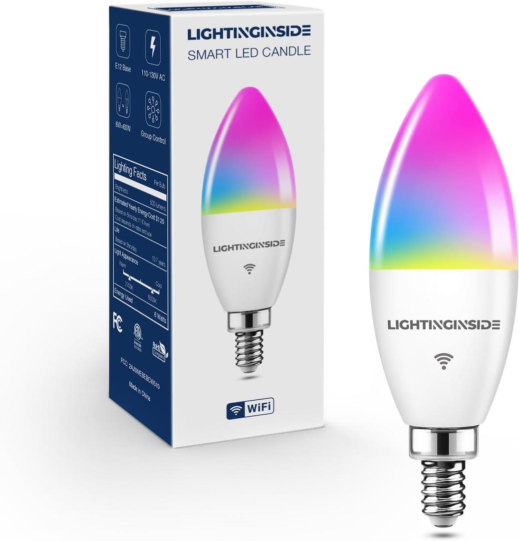 Candelabra Smart Light Bulbs 60W Equivalent, 500LM 6W E12 LED Bulb Compatible with Alexa/Google Home, RGBCW Candle Bulb for Chandelier, No Hub Required, 2.4G WiFi Only, ETL Listed, 1PC (1 Count (Pack of 1))