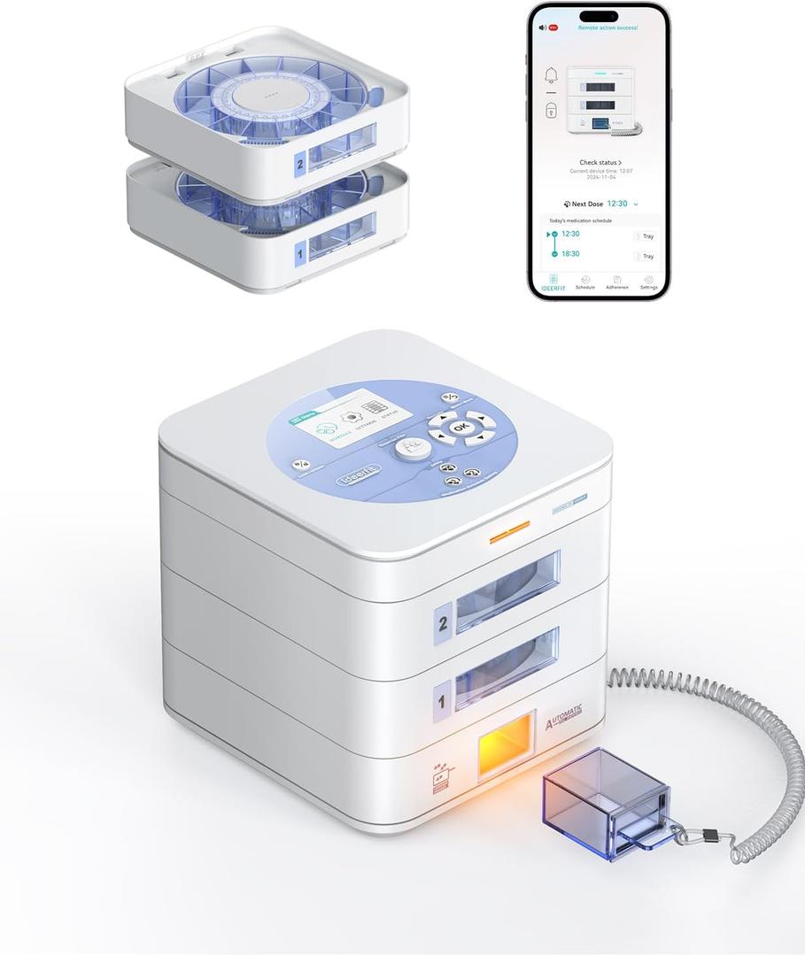 28-Day(1X) Automatic Pill Dispenser (Expandable Tray) App & On-Device Setup by Family, LCD Display, Digital Lock, Sound & Light Alerts- Safe Medication Organizer for Dementia Seniors(2-Tray, White)