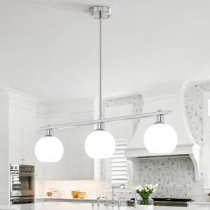 3 Lights Kitchen Island Lighting with Milk Glass Shade, Modern Chandelier, Brushed Nickel Chandelier for Dining Room Light Fixture, Hanging Farmhouse Pendant Lighting for Over Island Over Table Bar