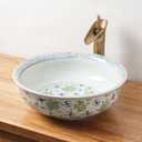 Ceramic Bathroom Vessel Sinks Vintage100% Hand Painted Blue and White Porcelain Flowers, and fishs Round Sink Bowl For Vanity Top (Green white)