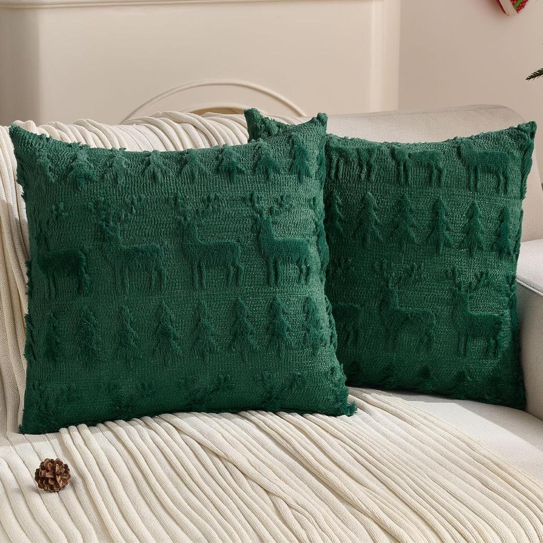 FUTEI Christmas Reindeer and Trees Pillow Covers 18x18 Set of 2, Dark Green Xmas Decorations Soft Fluffy Winter Lumbar Pillow Covers for Couch Sofa Bedroom Holiday Festivals Home Decor