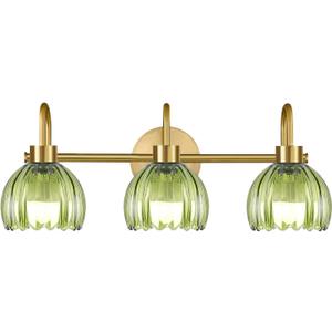 Bathroom Light Fixtures,3 Light Bathroom Vanity Light Over Mirror,Gold Wall Vanity Lights with Green Glass Shade for Bedroom Living Room Farmhouse (15-wall lamp)