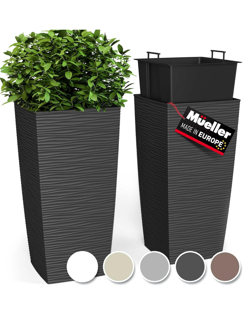 Mueller M-Resin Heavy Duty Tall Planters for Outdoor Plants, Indoor Grande Plant Pots, Boxes, Trees, Flower Pots, 2-Piece Set, 27.5”, Modern Design, Built-in Drainage, Front Porch Decor, Dark Grey