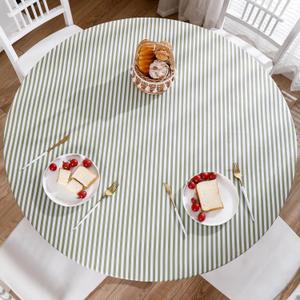 Round Vinyl Fitted Tablecloth with Flannel Backing Elastic Edge Design Table Cover Waterproof Oil-Proof PVC Table Cloth Stain-Resistant Wipeable for Round Table (Small Round Fits Table up 40"-44" Diameter, Stripes)