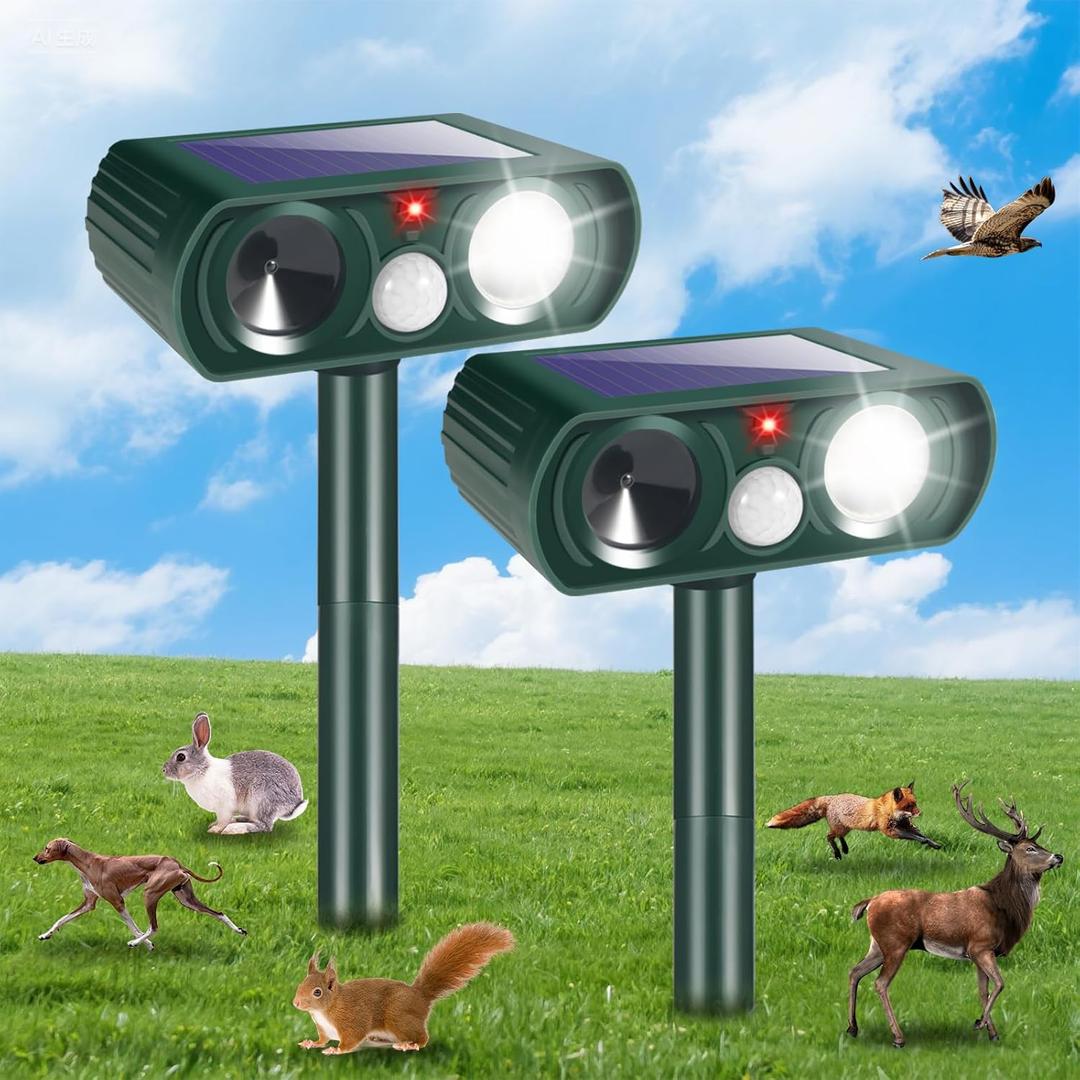 2 Pack Solar Ultrasonic Animal Repeller Outdoor Cat Squirrel Deer Repellent Devices Waterproof Motion Activated Animal Deterrent Devices to Scare Raccoon Rabbit Skunk Repellent for Yard Garden, Green