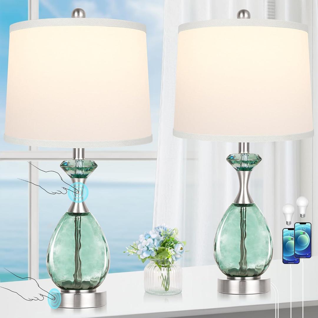 Hamucd Coastal Glass Table Lamps Set of 2, 3-Way Dimmable Touch Control Nautical Lamp with USB A+C Ports,Bedside Lamps Beach Decor, Modern Nightstand Lamps with 2 LED Bulbs for Bedroom Living Room