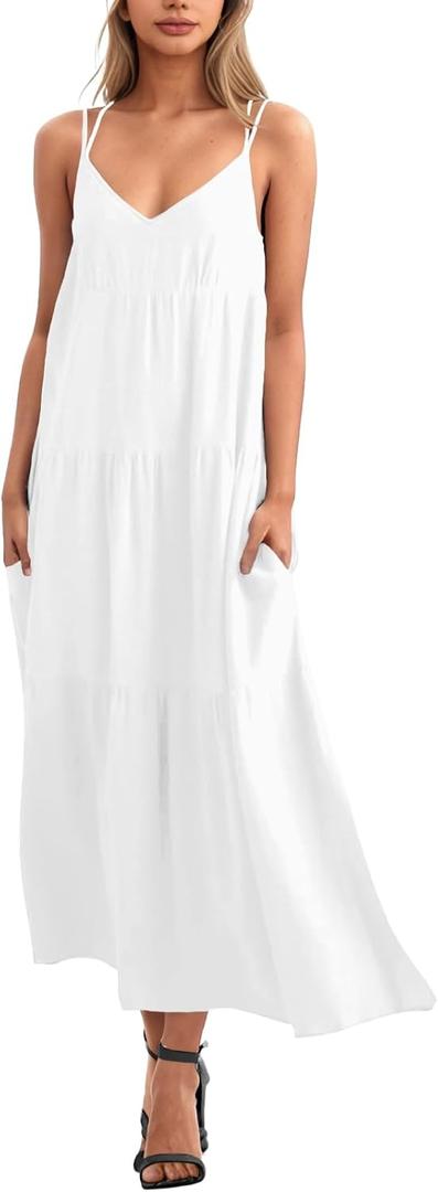 Febriajuce Womens Summer Maxi Dress Casaul Spaghetti Straps Solid V-Neck Backless Cami Dresses with Two Pockets (Small, White)