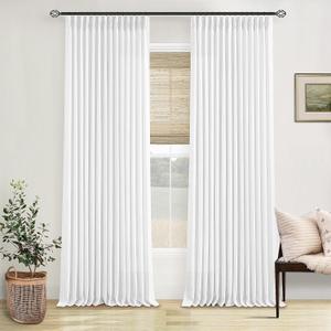 White Linen Pinch Pleated Curtains 102 Inches Long 2 Panels for Living Room Bedroom Snow White Thick Linen Pleated Hooks Rings Back Tab Luxury Light Filtering 102 Inch Curtain Drapes for Sliding Door