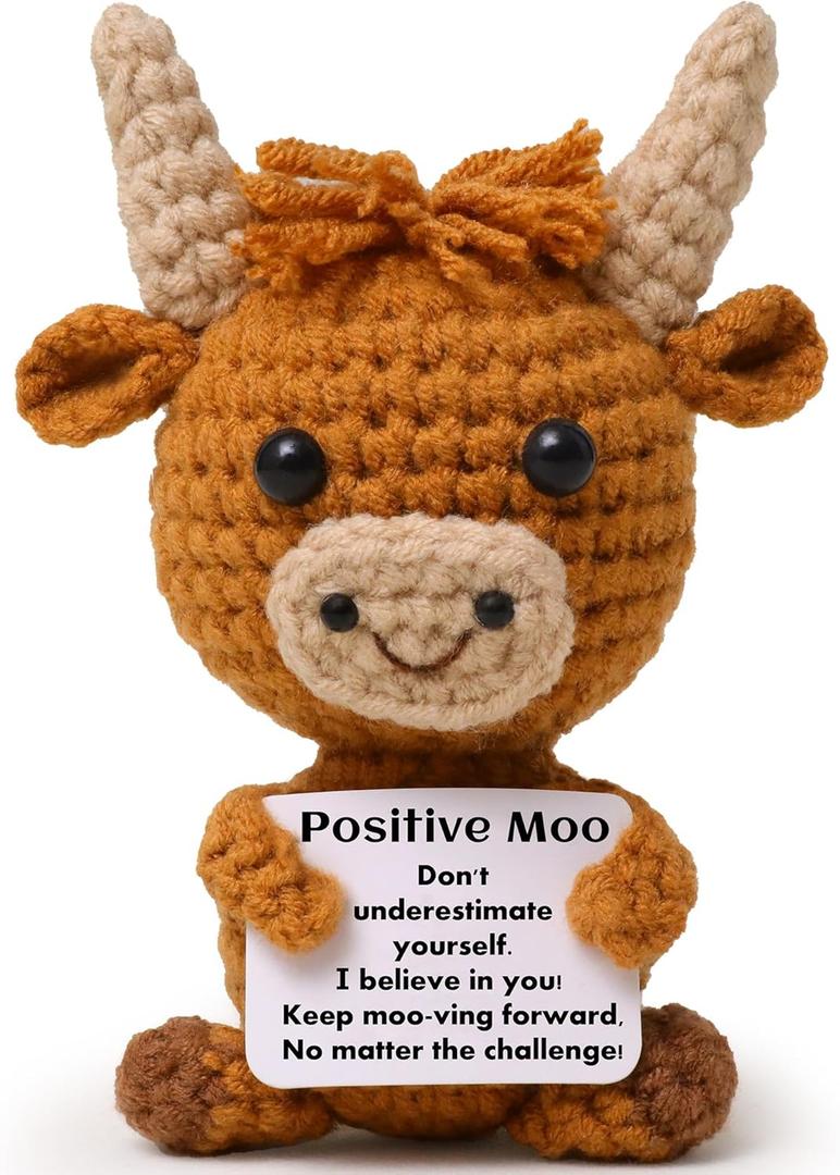 Mini Funny Positive Highland Cow, Knitted Wool Cow Toy with Positive Card - Creative Cute Crochet Doll Emotional Support Cheer Up Keepsake Gift for Friends, Women, Student, Christmas (Cow)