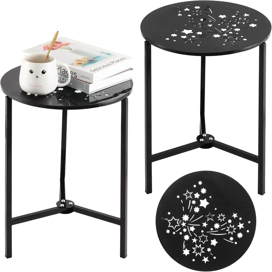 Party Zealot Set of 2 Small Round Metal Side Tables 13 Inches Black Outdoor End Tables for Patio, Balcony, Porch or Garden  Weather-Resistant Corner Coffee Table for Small Spaces & Indoor Plant Stand (Hollow Starlight)