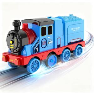 Transforming Engine Train Set for Kids & Toy Car Catapult, Back Folds Out to Secret Garage for Mini Cars, Shoot and Race Fun, Preschool Festival Train Gift Toys for Toddlers 3+ (Blue)