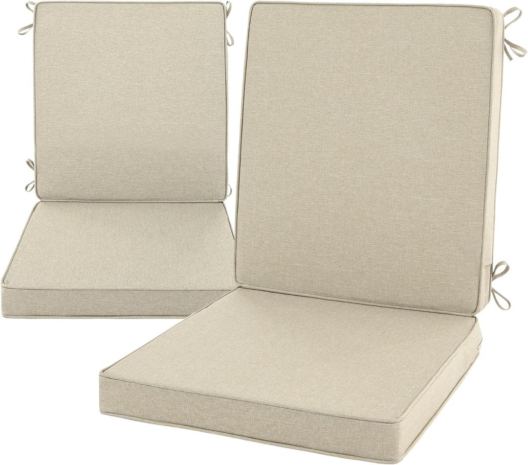 Fitfree Outdoor Chair Cushions, Water-Resistant & Fade-Resistant, Patio Furniture Lawn Dining Chair Seat Replacement with Mid Back, Ties Zipper, Removable Cover, 18 x 16.5 Inch, Set of 2, Beige