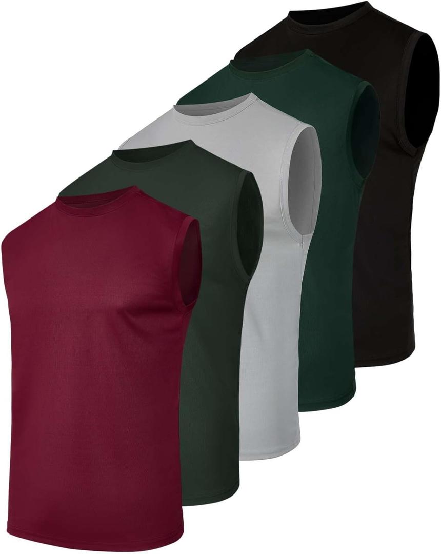 5 Pack Men's Mesh Muscle Tank Tops Sleeveless Athletic Gym Workout Shirts | Available In Big & Tall, Undershirts, Moisture Wicking, Breathable, Cooling, Fitness, Running, Beach, Boxing, Singlet (L)
