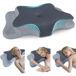 CHxxy Cervical Pillow for Neck Pain Relief, Memory Foam Pillows, Ergonomic Contour Bed Pillow, Soft for Side Sleep Stomach Sleeping and Back Sleepers-Queen Size Grey&Grey
