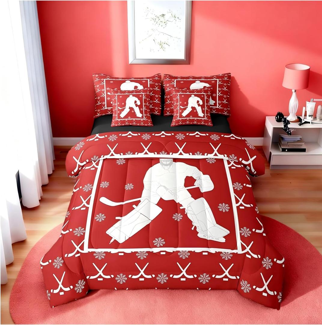 Erosebridal Hockey 7 Piece Comforter Set Twin,Ice Hockey Bed in a Bag with Flat Sheet and Fitted Sheet for Kids Teens,Equipments Stick Puck Snowflake Bedding Set with Pillowcase and Case Burgundy