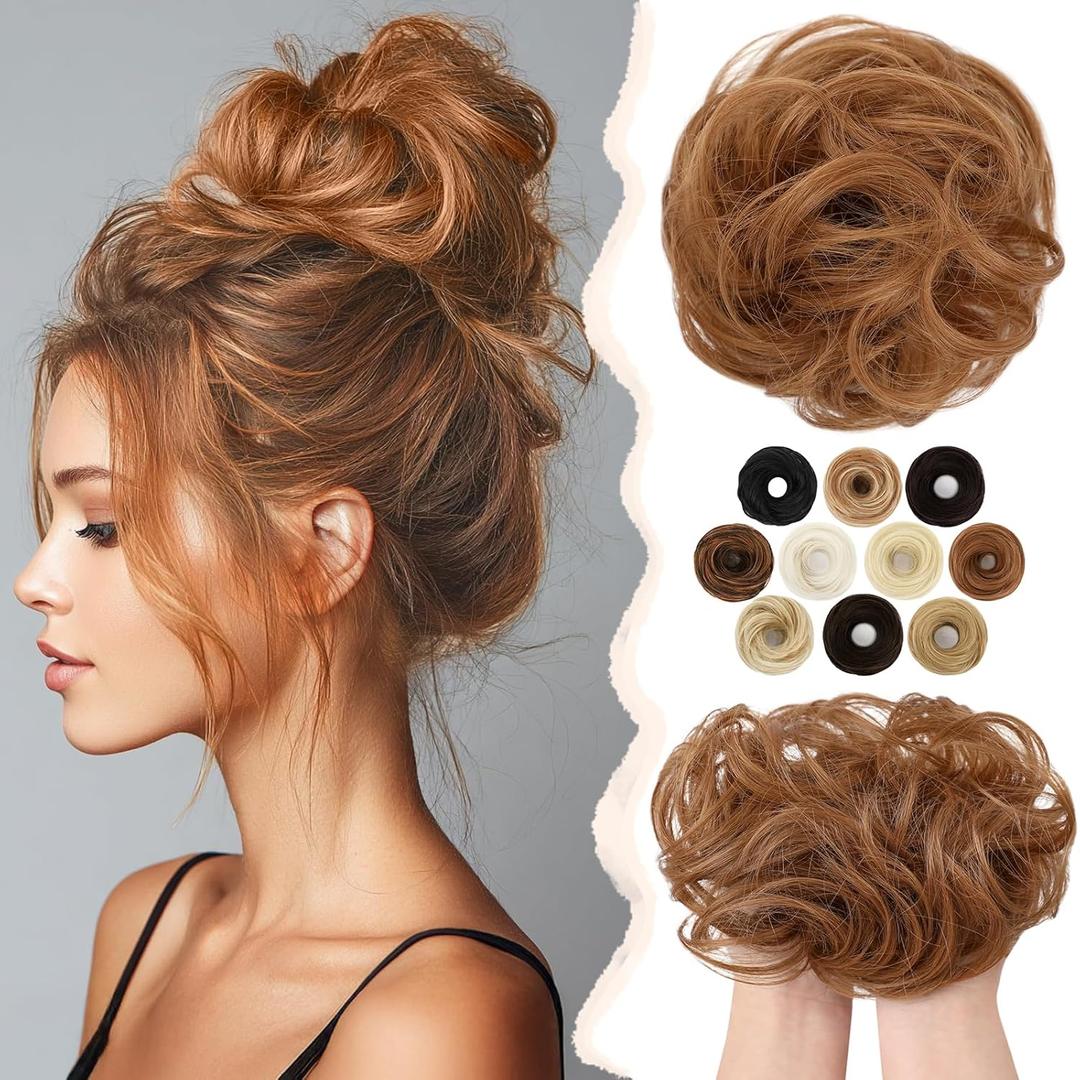 FeidyLong Messy Bun Hair Piece Real Human Hair Buns Elastic Wavy Curly Scrunchies Chignon Ponytail Hair Extensions Updo Hairpieces for Women Light Auburn