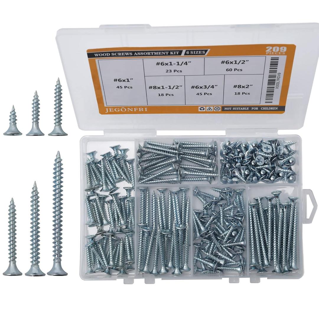 High Hardness Wood Screws Assortment Kit, 209 pcs, Phillips Drive Flat Head, Wood Screws, Screws, Drywall Screws, Assorted Screws, Screws Set, 6 Sizes (2,1-1/2,1-1/4,1,3/4,1/2)