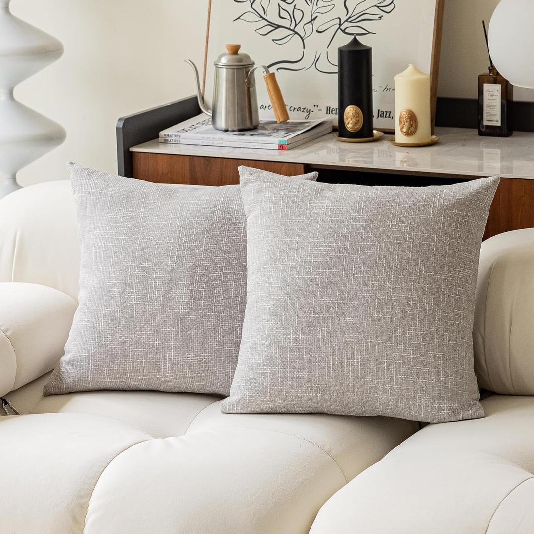 Kevin Textile Decorative Lined Linen Cushion Cover Throw Pillow Case for Bedroom, 24"x24"(61x61cm), Set of 2, Grey White