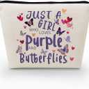 Just Love Purple And Butterflies Makeup Bag Canvas Organizer Zipper Pouch Heart Floral Butterflies Cosmetic Bag Present for Purple Butterfly Lovers Women