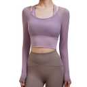 Harssidanzar Women's 2 in 1 Yoga Long Sleeve Mesh Gym Athletic Tops Workout Shirts with Medium Support Sports Bra CL301US, S