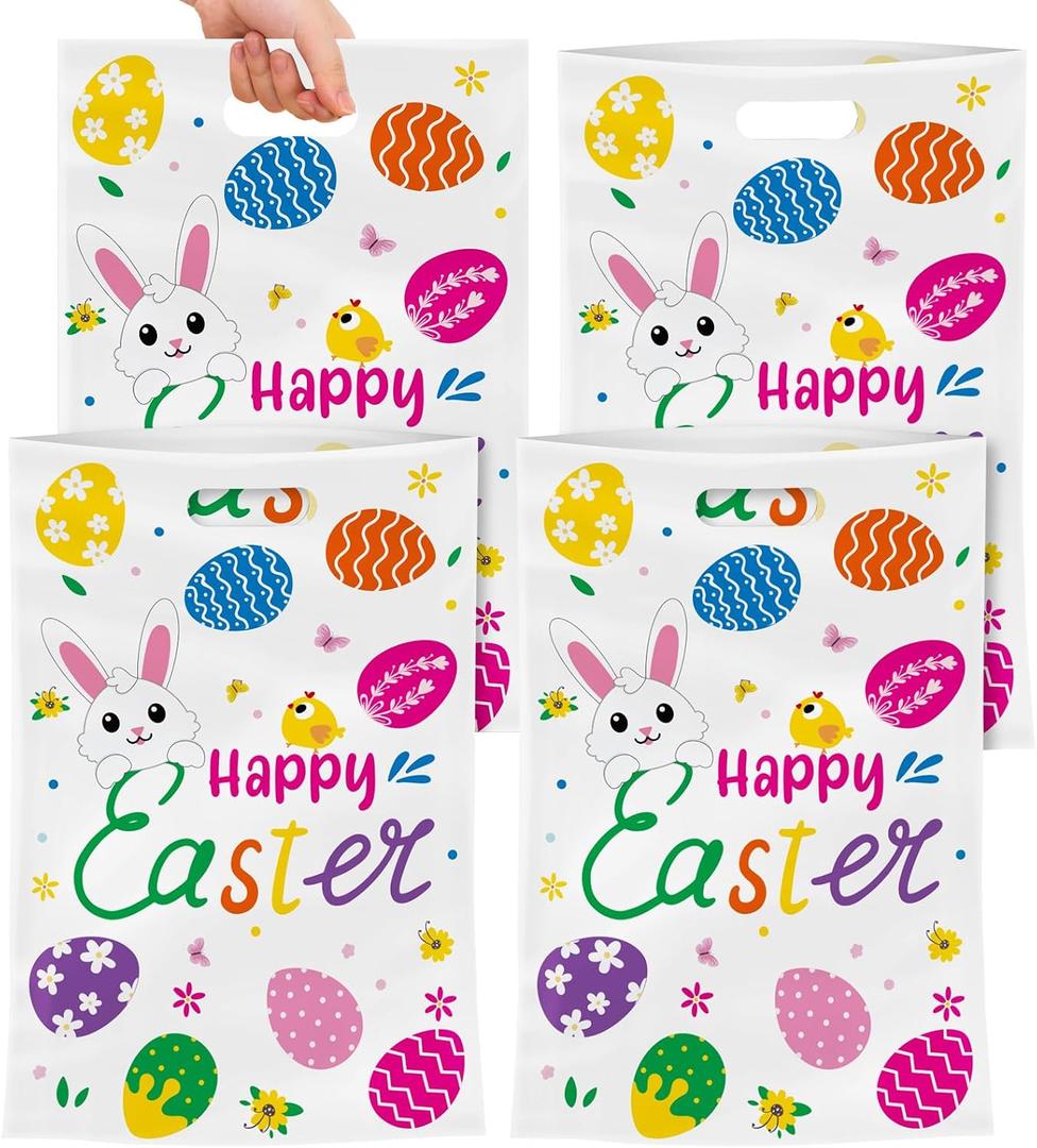 5 x 40 Pack Happy Easter Treat Bags, Colorful Easter Gift Bags with Handles, Plastic Easters Eggs Bunny Goodie Candy Tote Favor Bag for Easters Egg Hunt Party Supplies and Gifts Wrapping, 6.5 X 10 inch