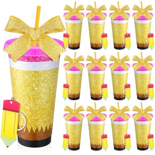Skylety 12 Sets/24 Pcs Teacher Appreciation Gift Bulk Include 12 Pcs 24 oz Reusable Pencil Plastic Coffee Cup with Lids Straws Teacher Appreciation Week Gifts with 12 Glitter Keychains
