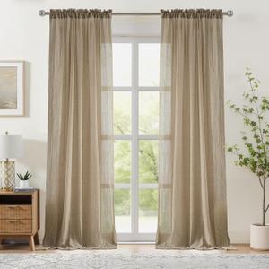 Melodieux Tan Beige Sheer Curtains 108 Inches Long for Patio Sliding Door, Elegant Cotton Linen Light Filtering Curtains Floor to Ceiling Rod Pocket Window Sheer Drapes, 52" W x 108" L, 2 Panels