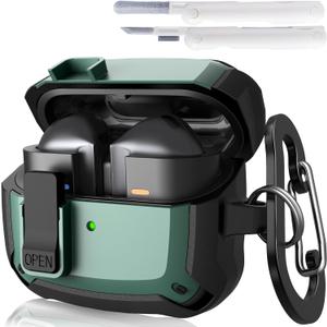 KOREDA Compatible with Samsung Galaxy Buds 3 Case & Galaxy Buds 3 Pro Case with Cleaner Kit, Military TPU Shockproof Protective Hard Cover with Secure Lock for Men (Green)