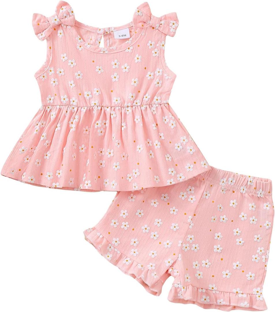 Kucnuzki Toddler Baby Girl Clothes Sleeveless Tank Tops Ruffle Halter Shirts Floral Shorts 2 Piece Set Summer Outfits (Pink, S)