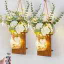 Party Joy Mason Jar Sconces Set of 2 Home Decor Wall Decor Rustic Wall Sconces with Remote Control LED Fairy Lights and Artificial Flowers Bathroom Decor Home Decor with Lights