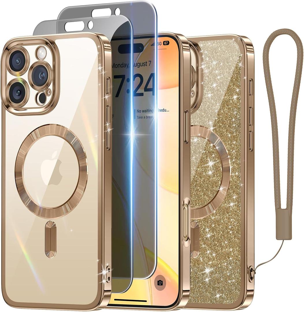 5 x Meifigno for iPhone 16 Pro Max Case with 2X Privacy Screen Protectors, [Glitter Card & Wrist Strap][Compatible with MagSafe] Surround Lens Protection Designed for 16 ProMax Case 6.9", Desert Titanium